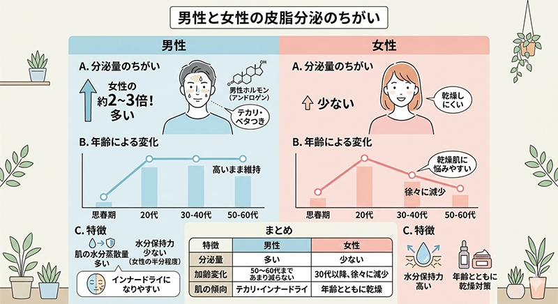 男性と女性の皮脂分泌のちがい！(^^)